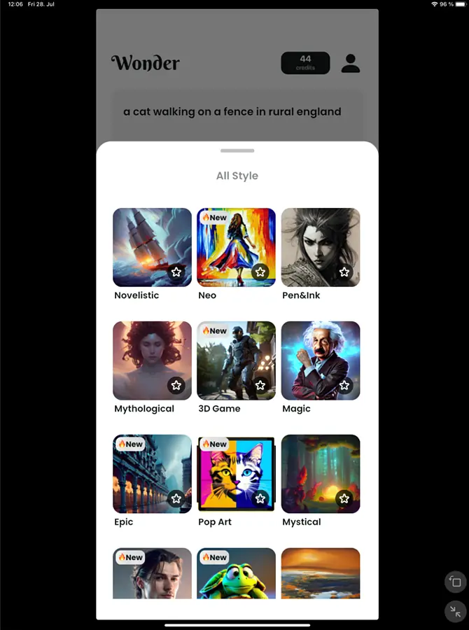 Wonder AI Art Generator choosing art style iPad Pro