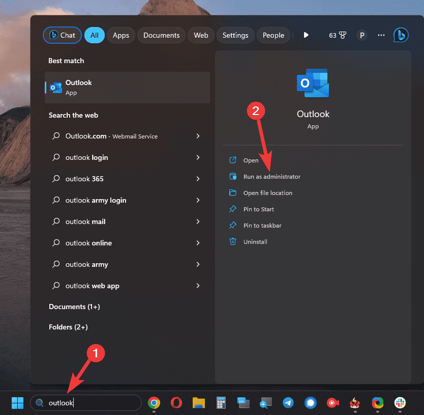 Open Outlook with administrator rights from start menu windows 11
