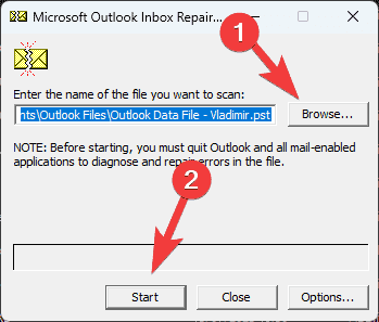 MS Outlook inbox repair process with path to file