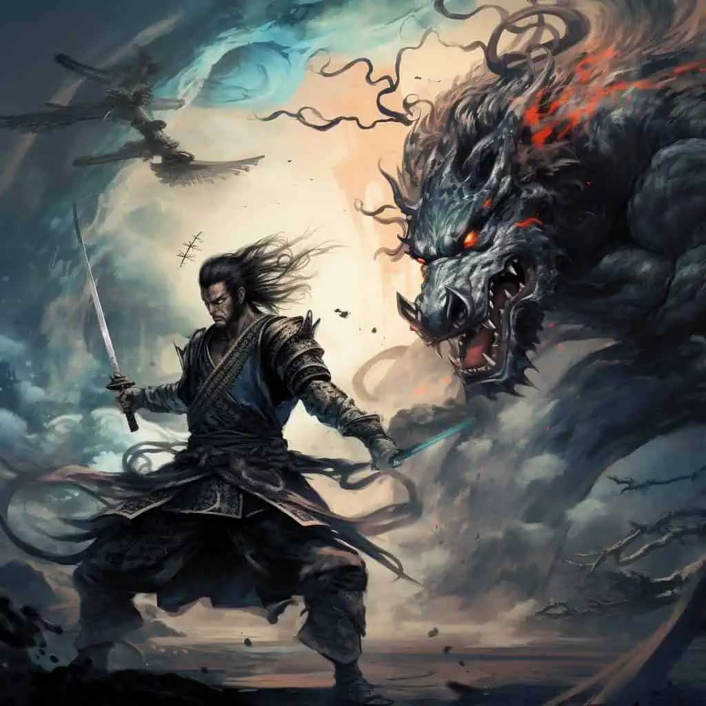 Samurai fighting Dragon Illustration Best Stable Diffusion Prompts