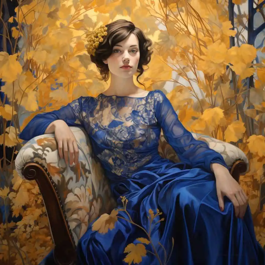 Woman Dressed in Blue sitting in a Golden Garden Best Midjourney Prompts for Portraits