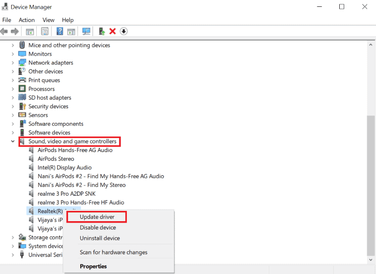 update audio drivers in device manager