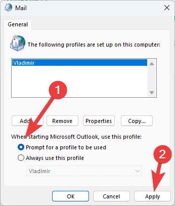 prompt for a profile to be used option in mail setup windows 11