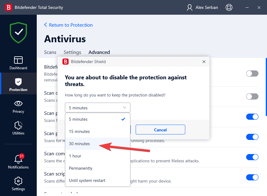automatic antivirus reactivation timer bitdefender