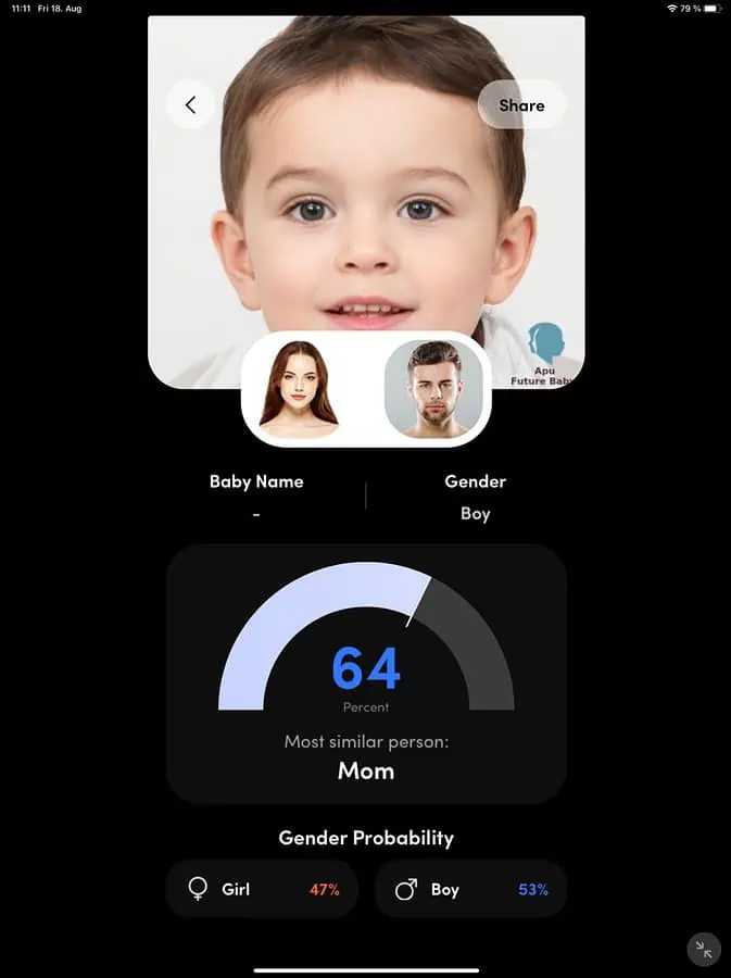 Αποτελέσματα εφαρμογής προσώπου AI Baby Generator Maker IOS