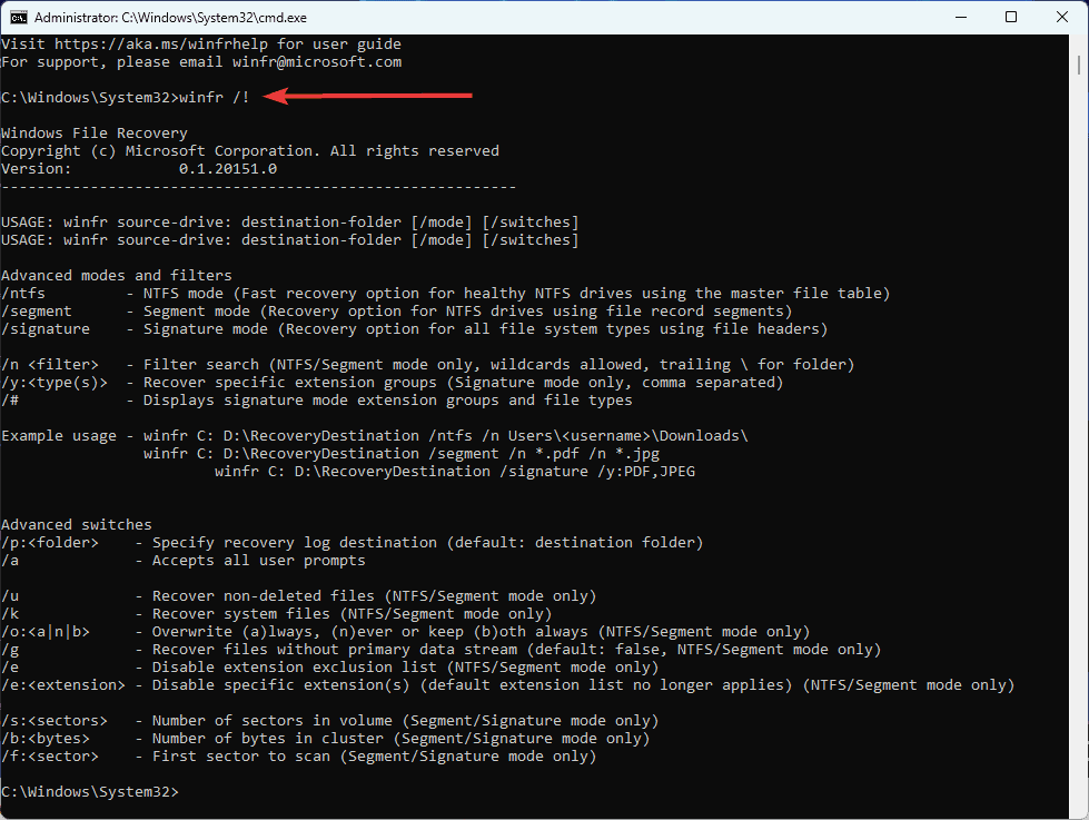 command prompt winfr /!