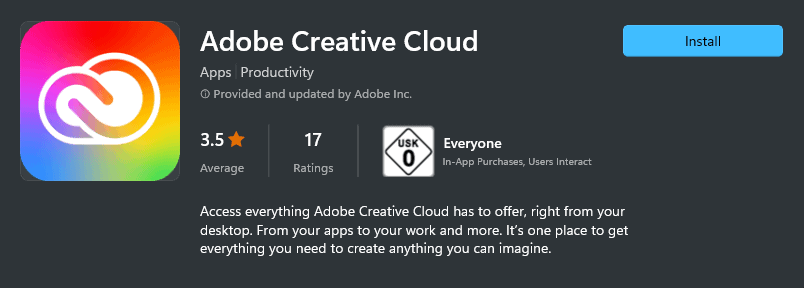 Adobe Creative Cloud Microsoft Store ratings