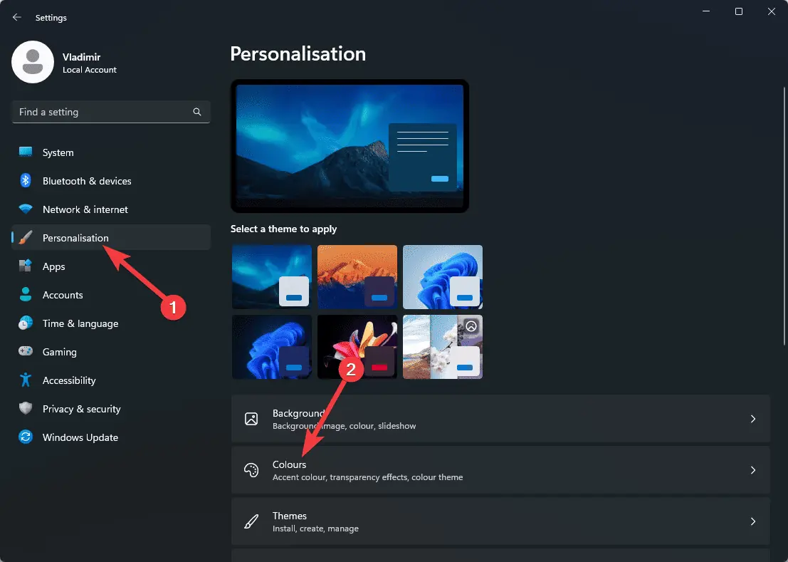 Personalization options in Settings app Windows 11