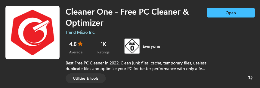 Cleaner One Microsoft Store rating