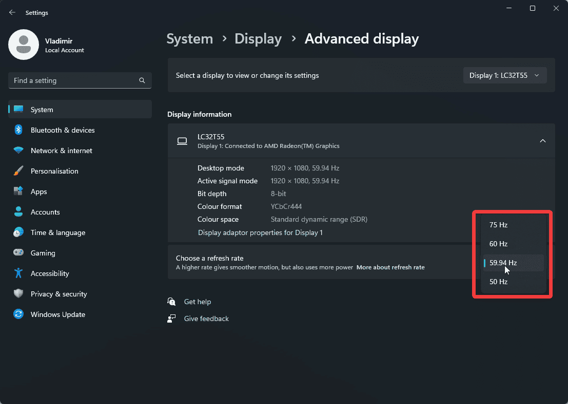 Choose a refresh rate in Advanced Display settings Windows 11