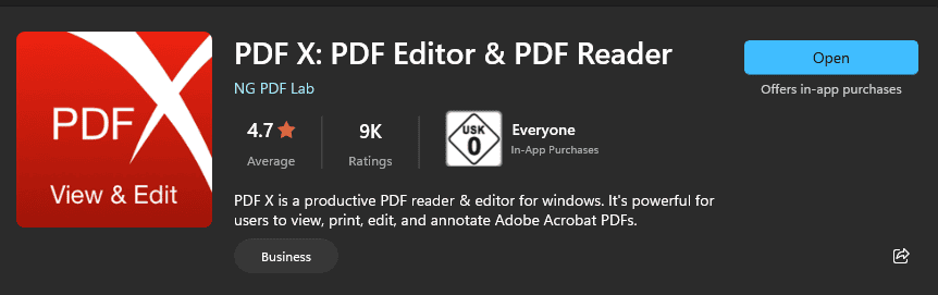 PDF X - Editor and Reader Microsoft Store Ratings