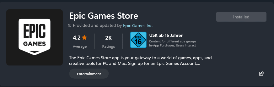 Epic Games Store - Microsoft Store Rating