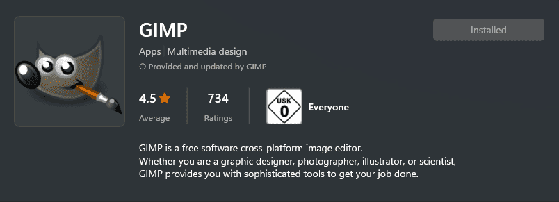 GIMP Microsoft Store ratings