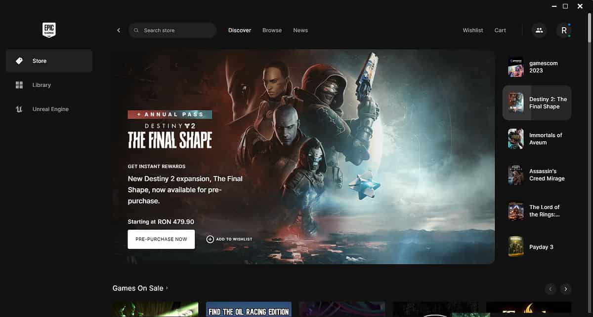 Interfaccia dell'Epic Games Store