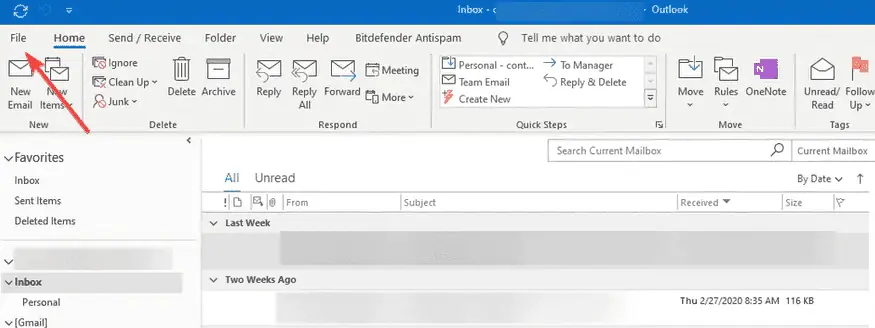 outlook file menu