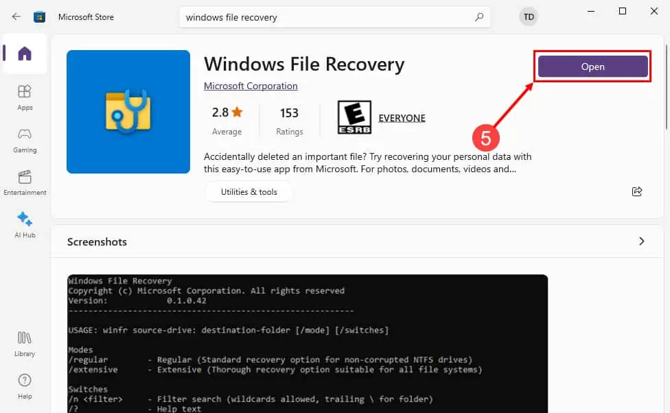 Restaurar arquivos excluídos permanentemente do aplicativo de inicialização do Windows 11
