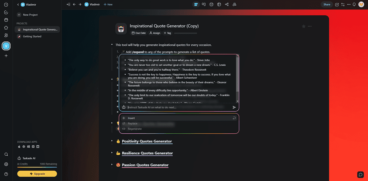Taskade Quote Generator Interface