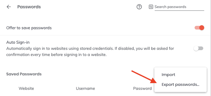 Brave exporting passwords