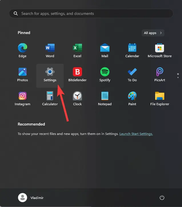 Settings in Start menu Windows 11