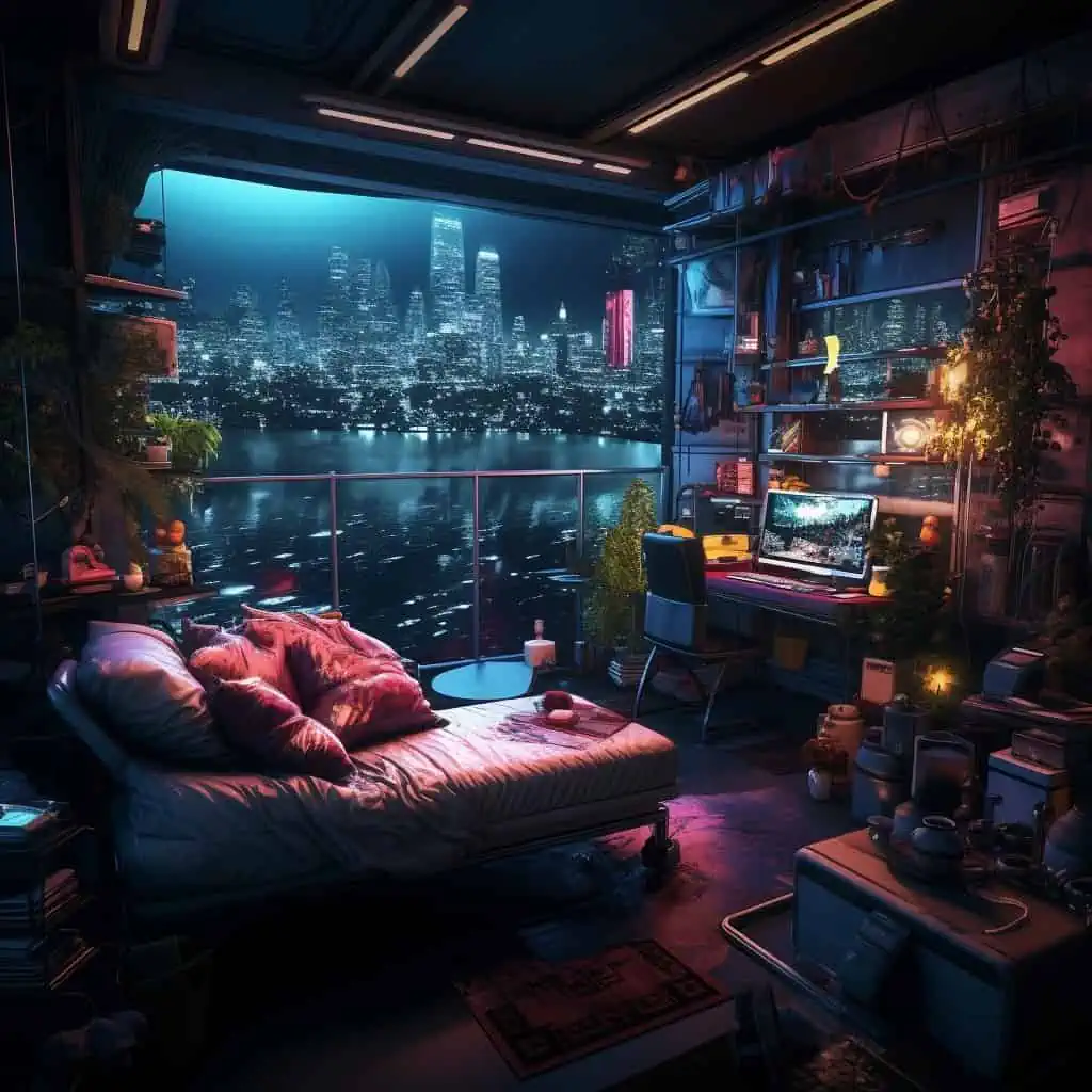 edgitarra_Cyberpunk_Room_on_WaterBest Midjourney Arhitecture Prompts