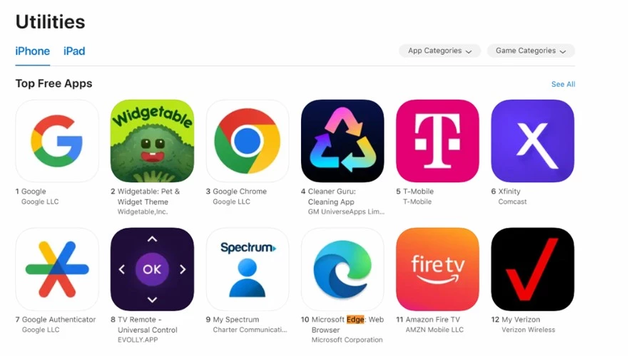 Microsoft Edge Statisztika Apple Apps