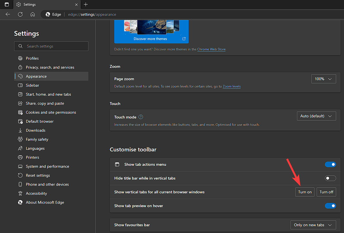 Turn on button for vertical tabs option Windows 11