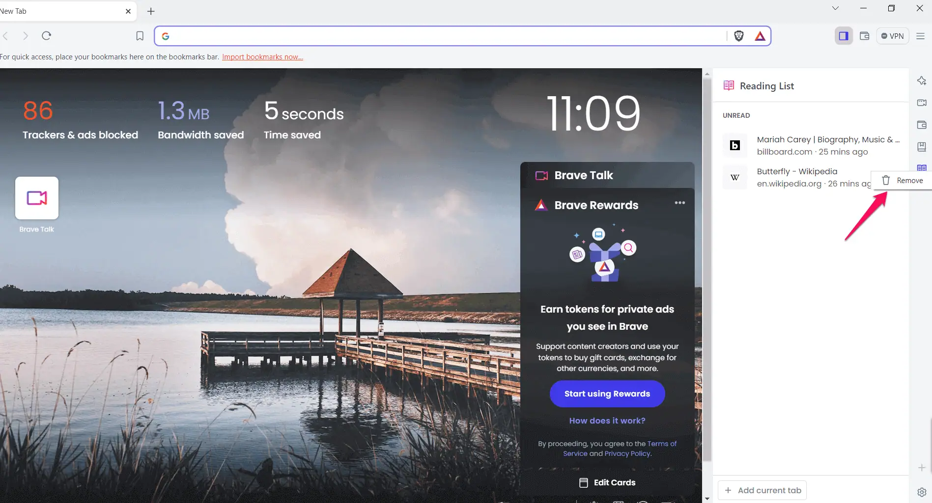 remove reading list in brave browser