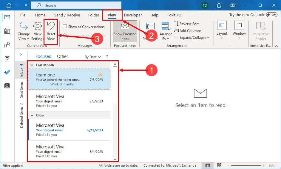 how to reset microsoft outlook view