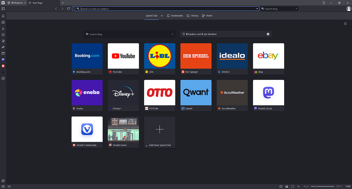 Interface du navigateur Vivaldi