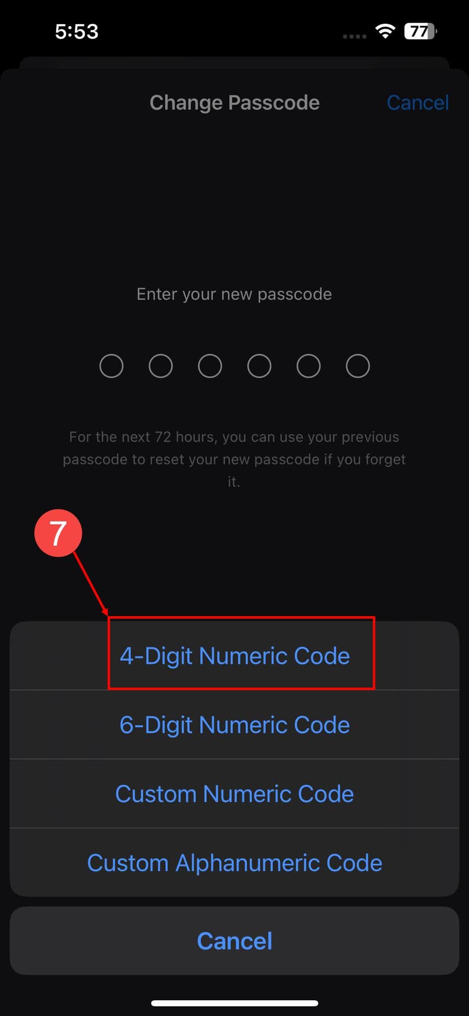 4-digit numeric code in change passcode