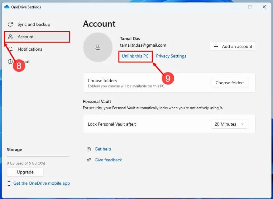 onedrive settings unlink this pc
