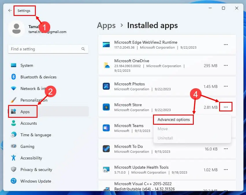 installed apps advanced options