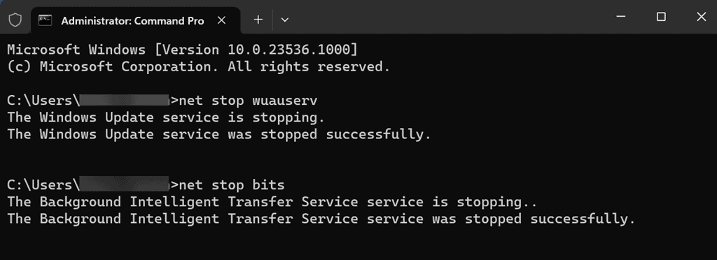 Commands to stop Update and BITS services