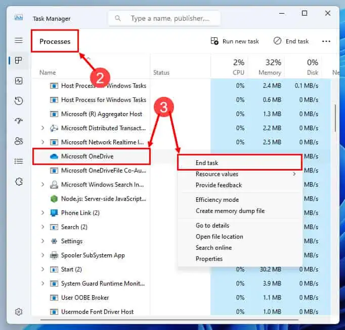 end task for microsoft onedrive in task manager