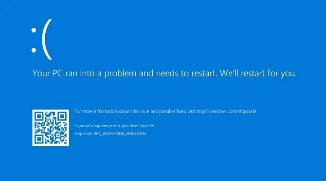 Ejemplo de un error de Windows 11 por infracción del perro guardián de DPC