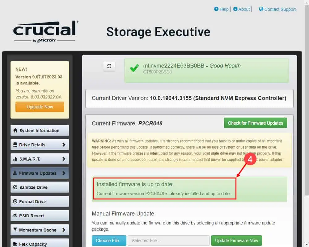 crucial storage executive installed firmware is up to date