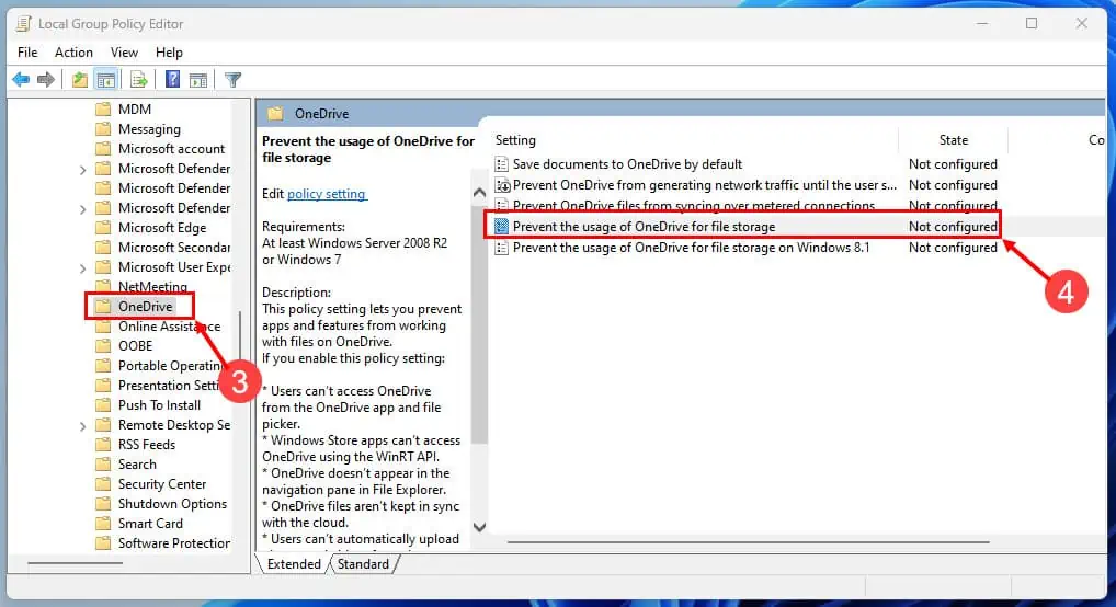 group policy editor prevent the usage of onedrive for file storage