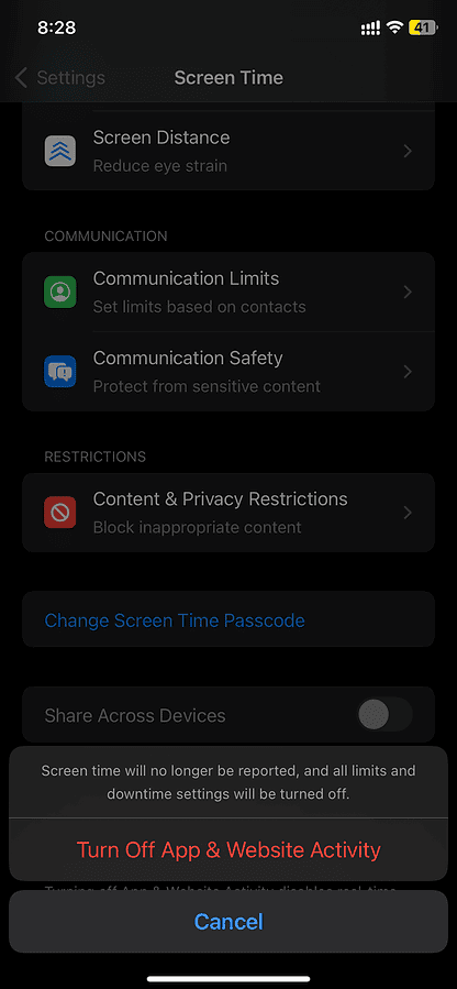 turn off app and website activity