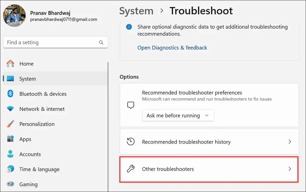 Other troubleshooters option under Troubleshoot settings