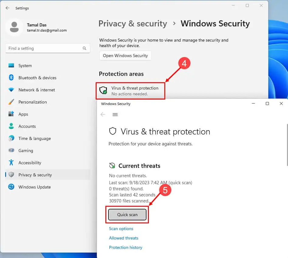 quick scan on windows defender