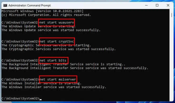 administrator command prompt: net start wuauserv net start cryptSvc net start bits net start msiserver