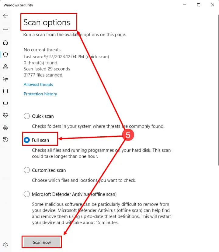 Windows 보안 검사 옵션