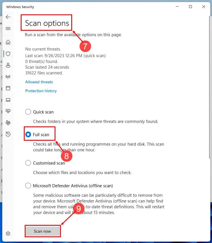 windows security scan options