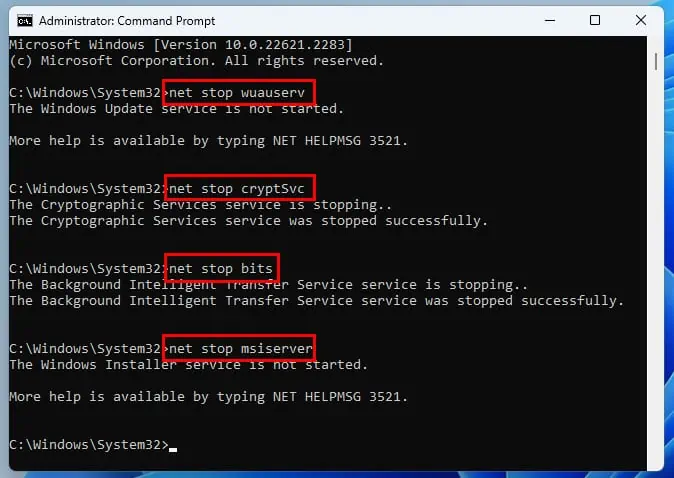 administrator command prompt: net stop wuauserv net stop cryptSvc net stop bits net stop msiserver