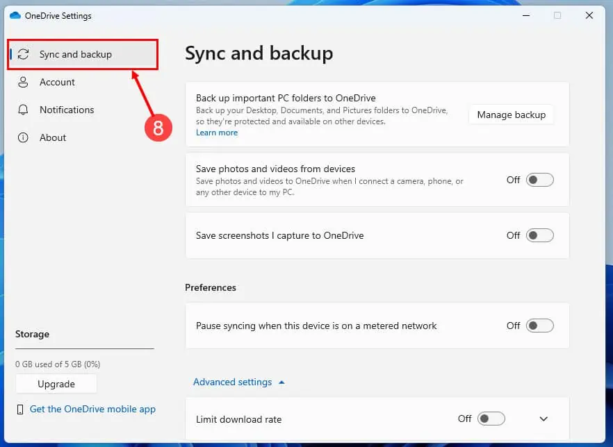 sync and backup onedrive settings