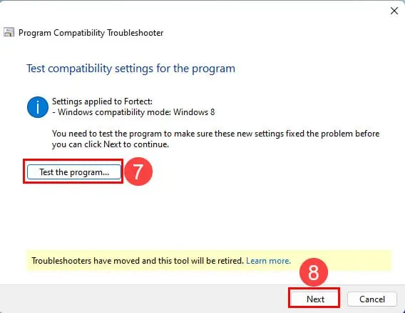 test compatibility settings for the program