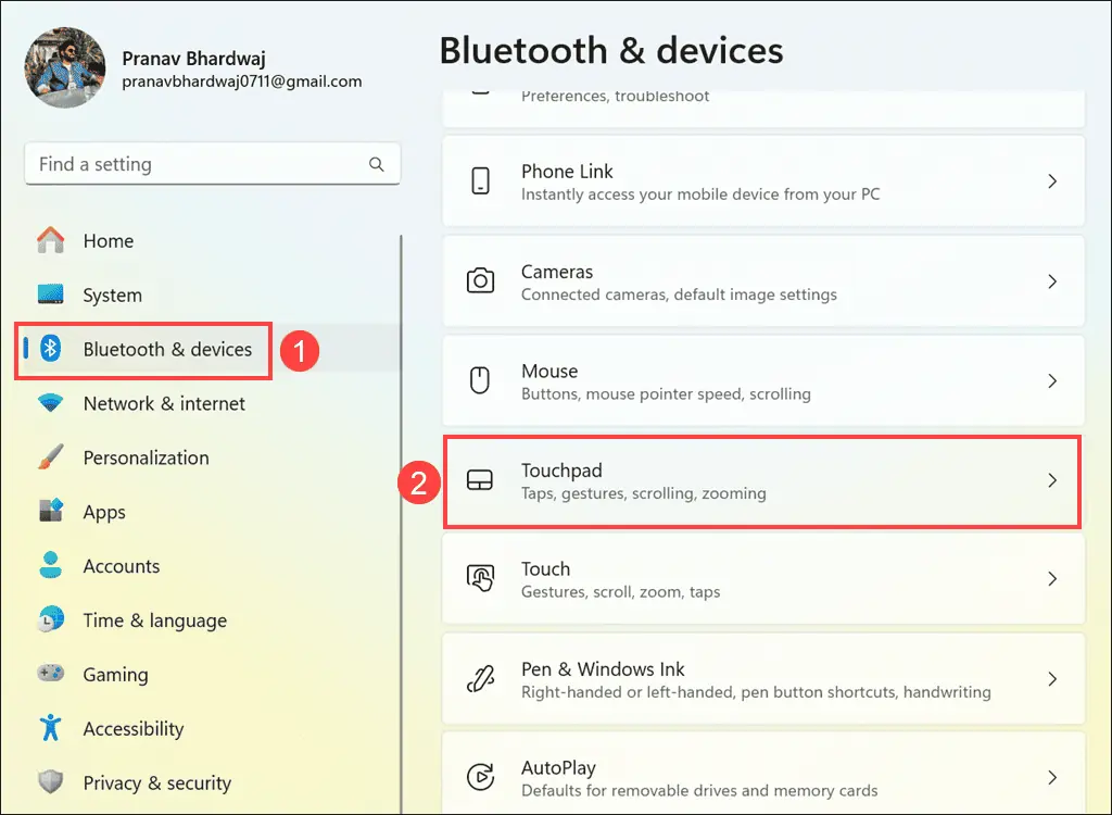 Touchpad option Under Bluetooth & devices