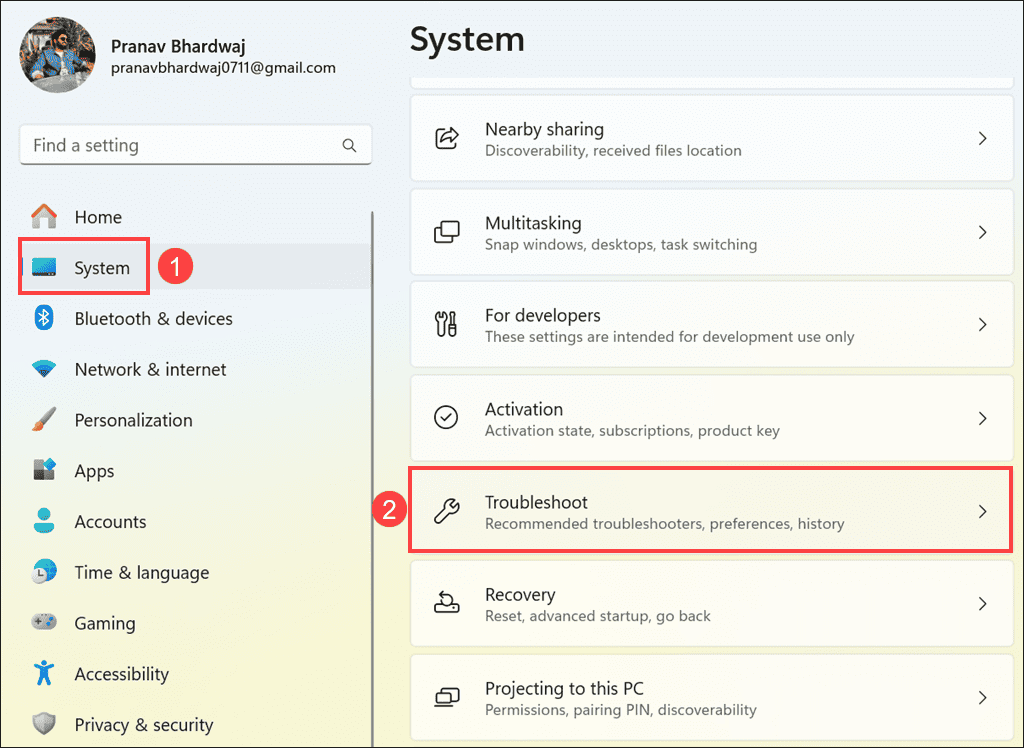 Troubleshoot option under Windows 11 System settings