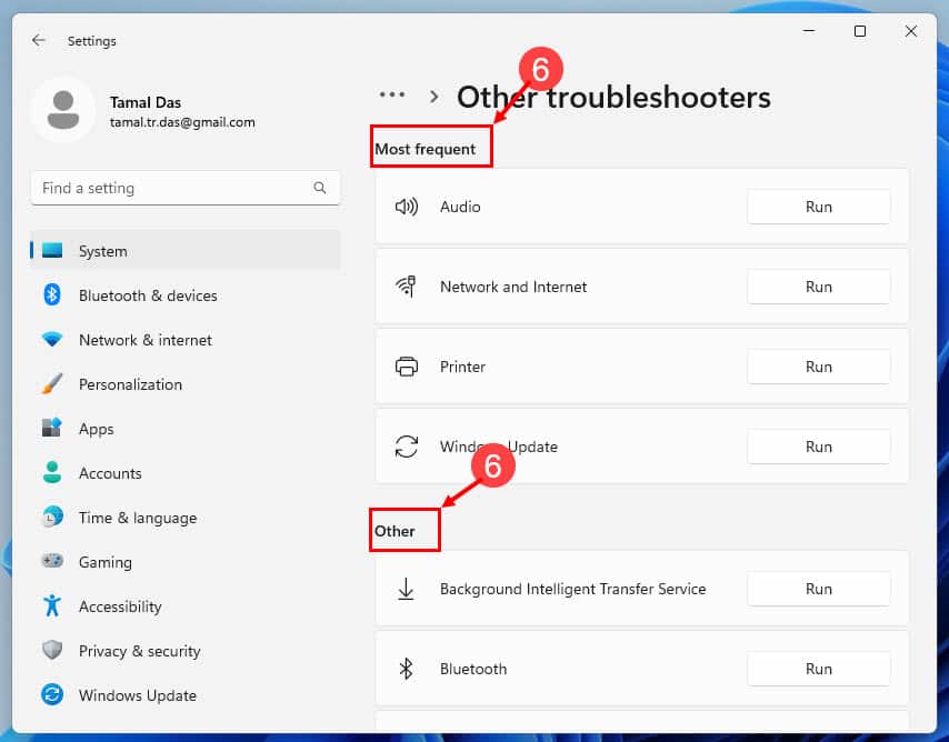 Other troubleshooters in Windows 11 settings