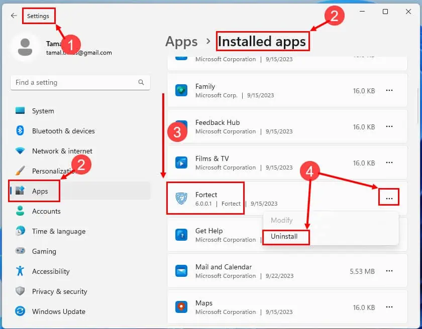 Windows 11 settings uninstall apps